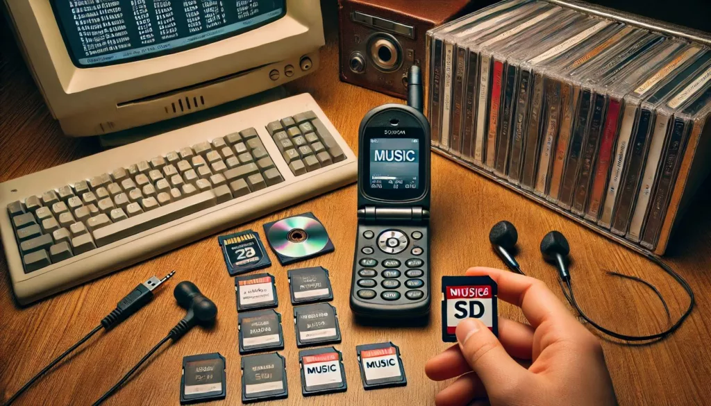  A nostalgic scene from the early 2000s showing a basic flip phone with a small screen and physical keypad on a wooden desk. Beside it, a stack of SD cards showing how modern phones have changed and why you need products like SYB Phone Shield and SafeSleeve Case