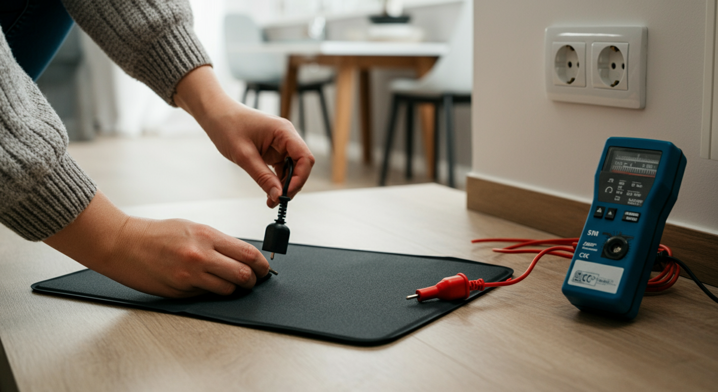 Person testing home outlet grounding before using a grounding mat